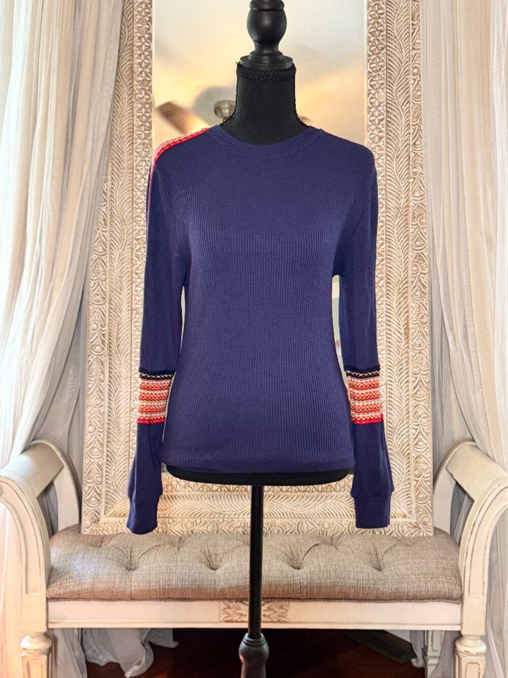 Natural Life Navy Waffle Knit Embroidered Sleeve Top Boho Medium
